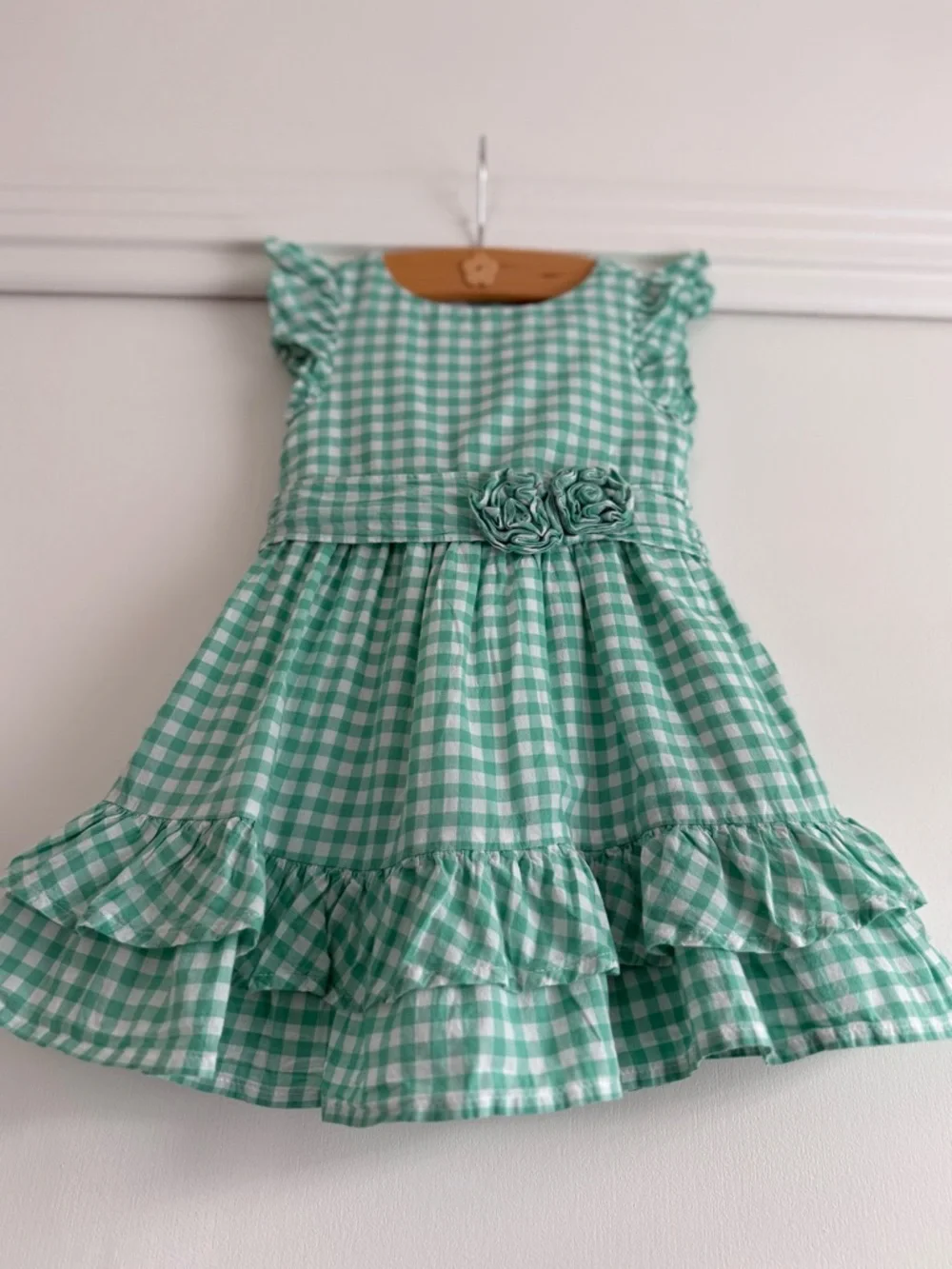 Chaps Toddler Girls 18M Green Gingham Dress Ruffle Hem Floral Detail - Picture 8 of 14